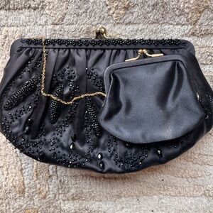 Vintage Elegant Black Beaded Clutch with Coin Purse